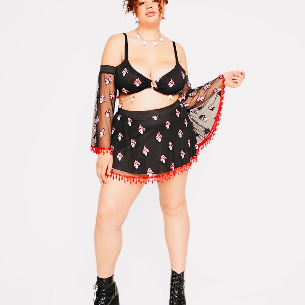 IHR Mushroom Magic Black Skirt with Red and White Mushroom Embroidery